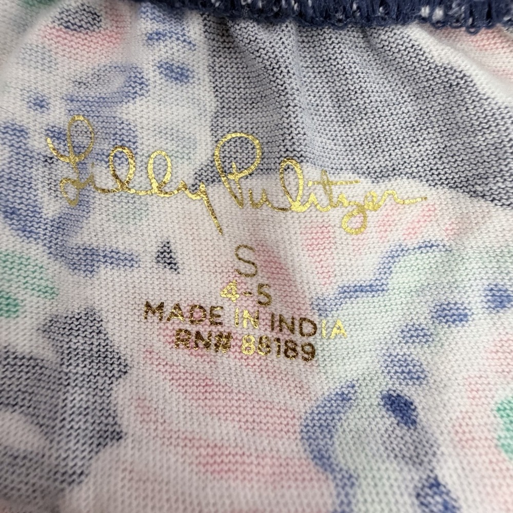 Lilly Pulitzer Girls Ruffle Romper Pink Blue Floral Size S 4/5 Holy Flockamolie - Picture 5 of 12